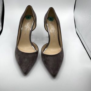 Jessica Simpson gray suede pointed toed heels size 8.